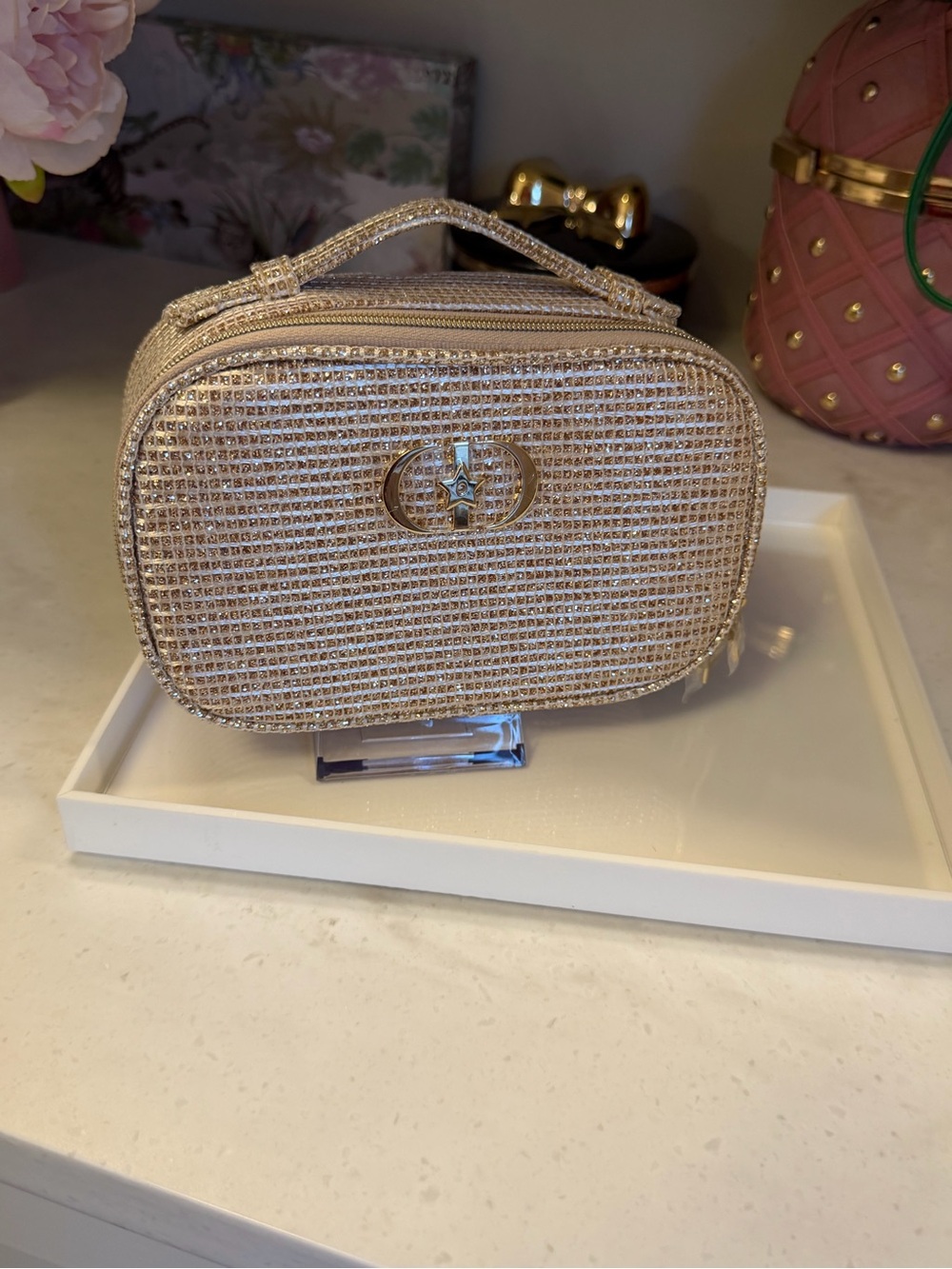 Made for Dior Holiday Gold textile zipper Cosmetic Case w top handle. NIB